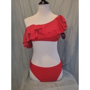 Bikini large, red, one shoulder ruffled top